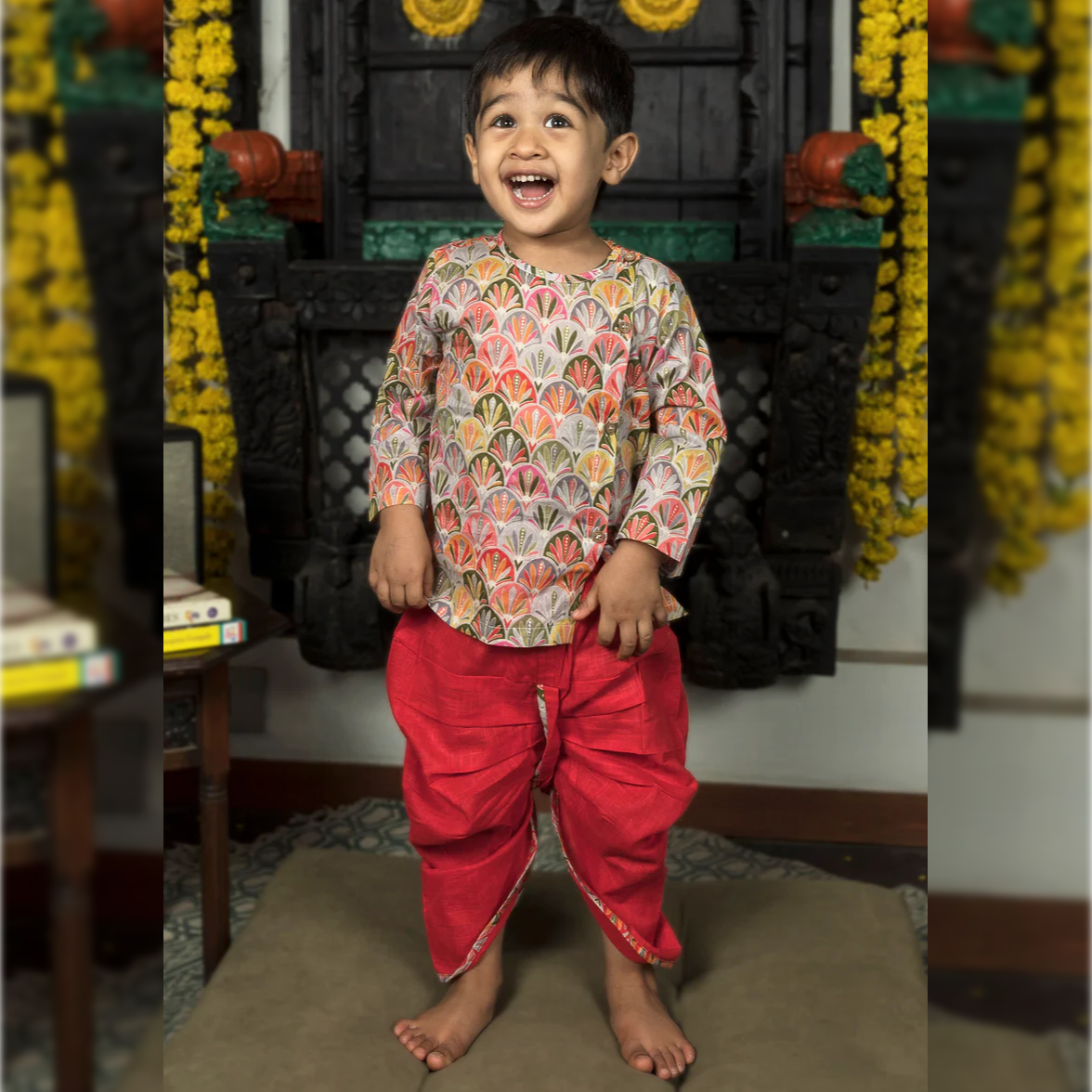 Polka Tots Full Sleeves Floral Print Angrakha with Dhoti - Red